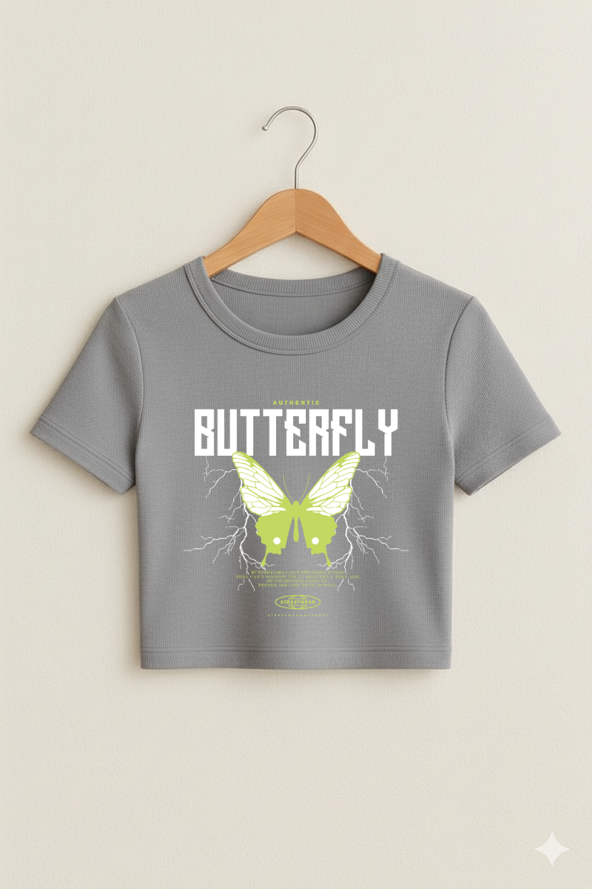 “Butterfly Drift” Crop Top – Grey Melange Edition