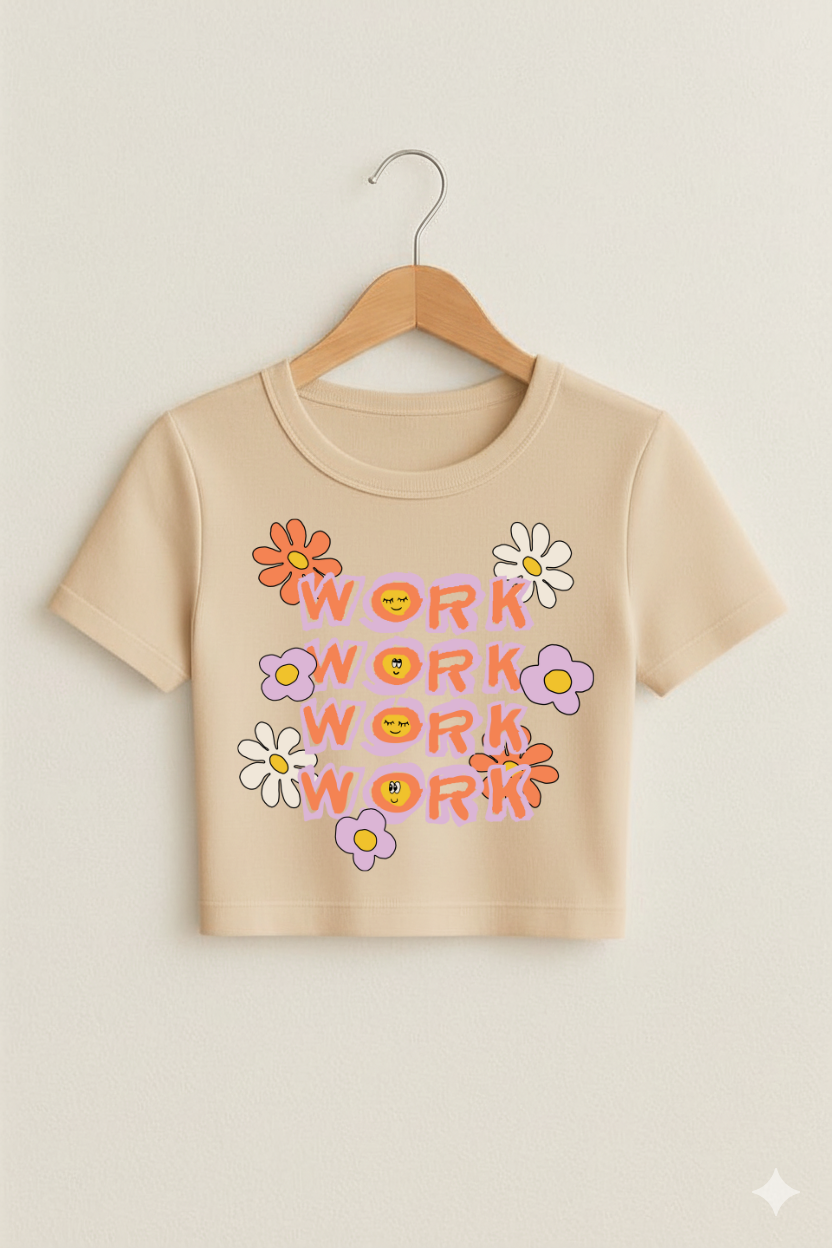 Flower Power “WORK” Crop Top – Multicolor Graphic