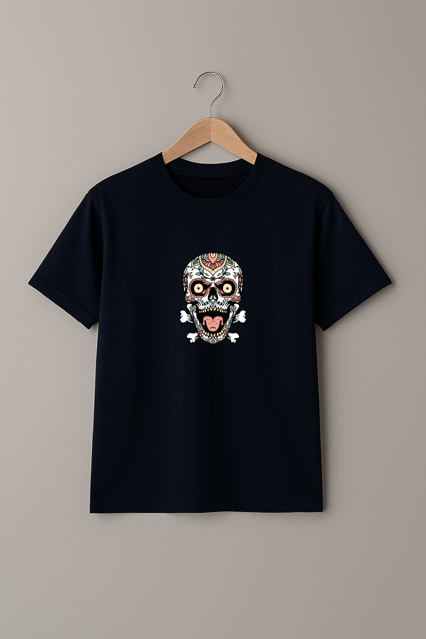 “Sugar Skull Scream” Navy Tee – Unisex Streetwear with Bite
