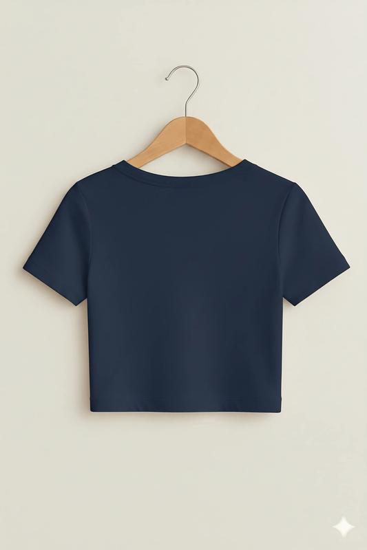 "Stylish Traveller" Graphic Crop Top in Navy Blue - The Vibed Vines