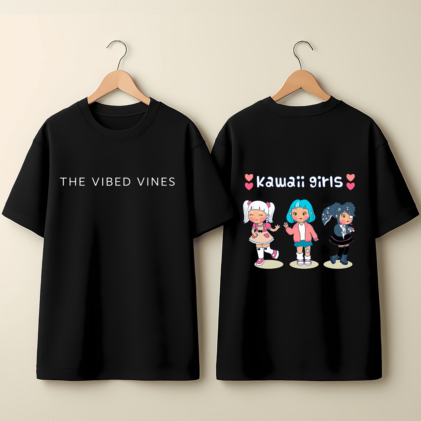 Kawaii Girls Graphic T-Shirt - Black