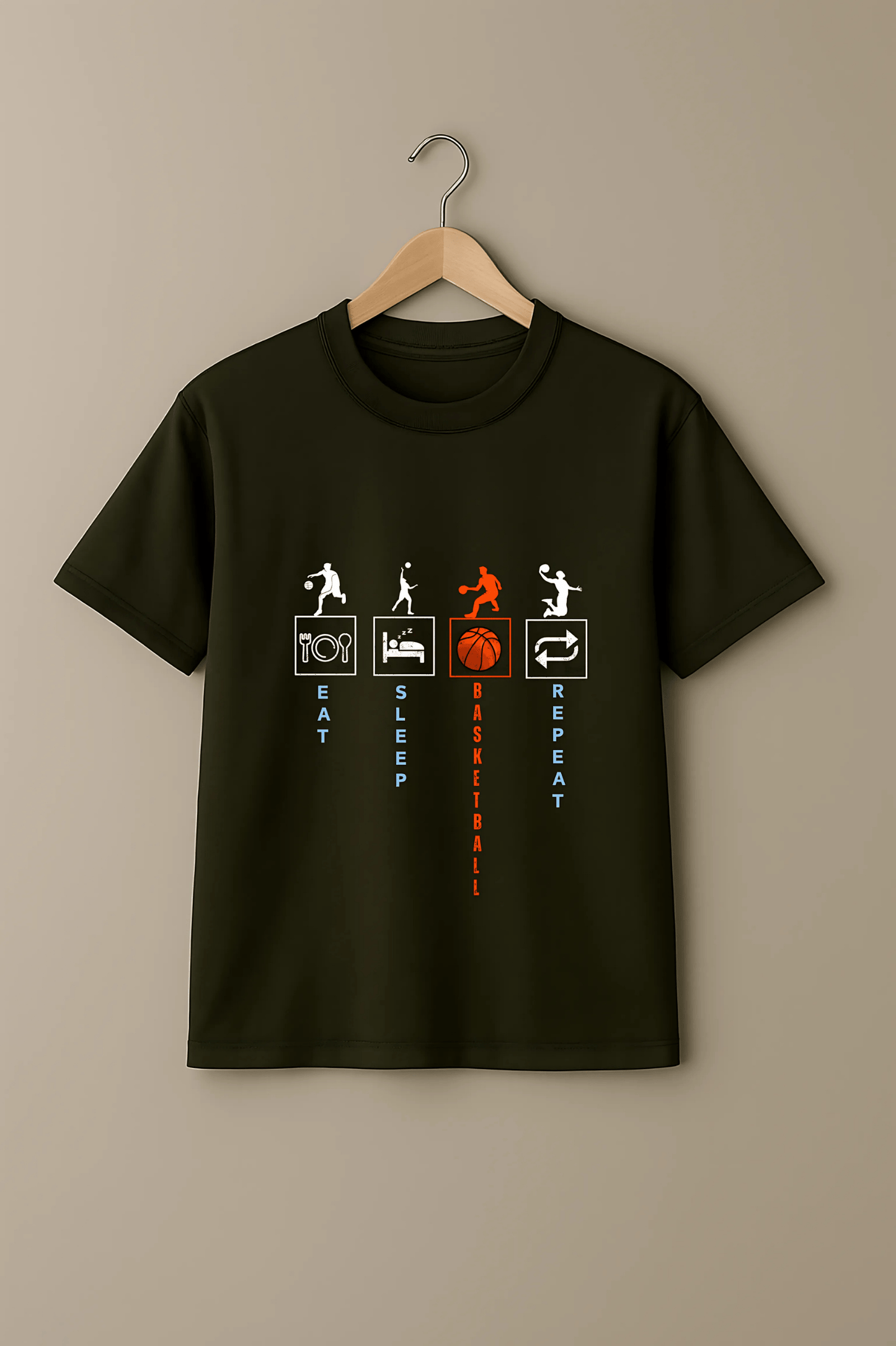 "Eat Sleep Basketball Repeat" Graphic T-Shirt in Olive Green