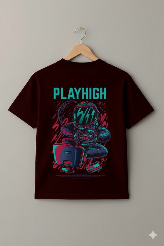 “Play High” Maroon Tee – Retro Rage, Back Printed