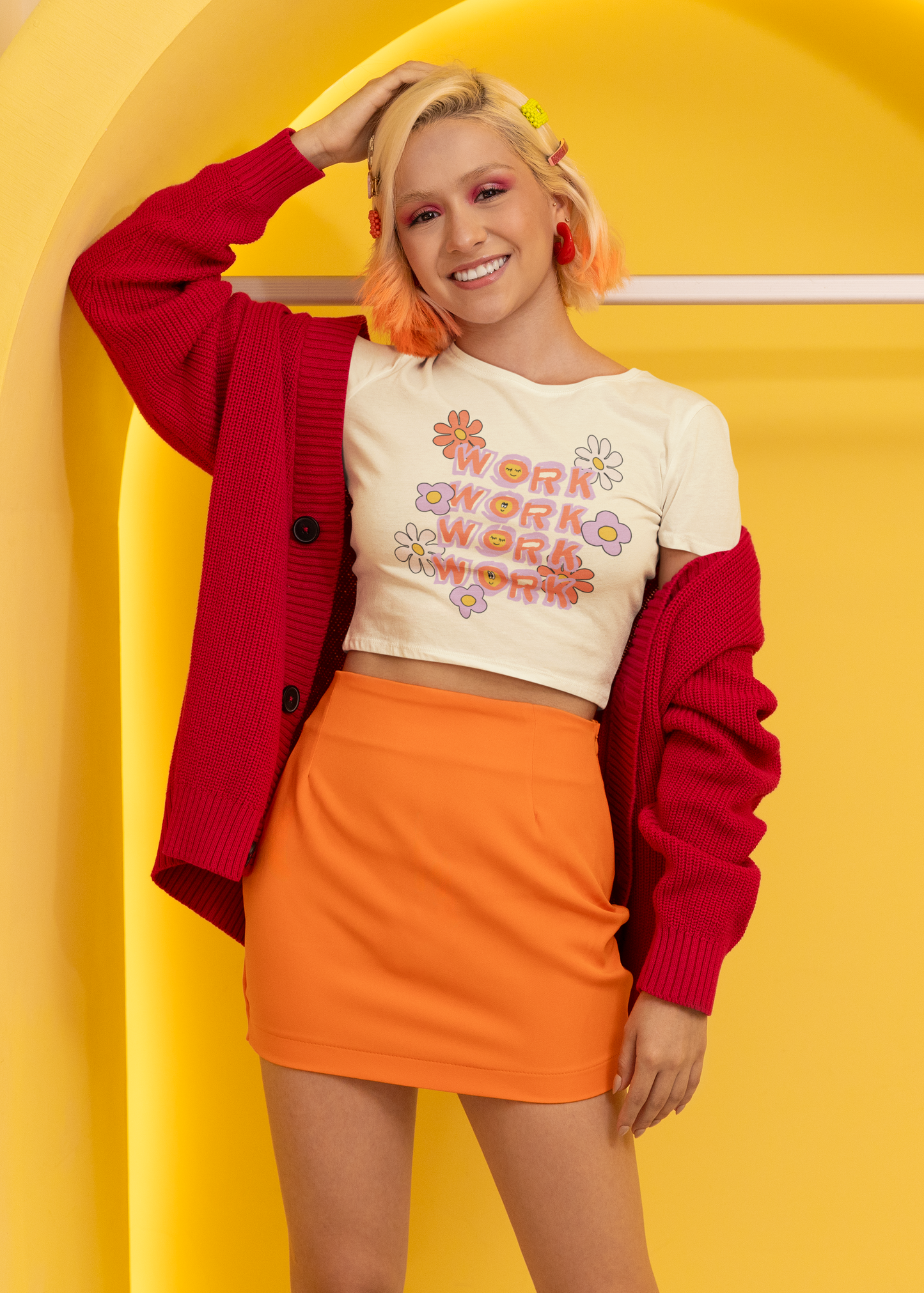 Flower Power “WORK” Crop Top – Multicolor Graphic
