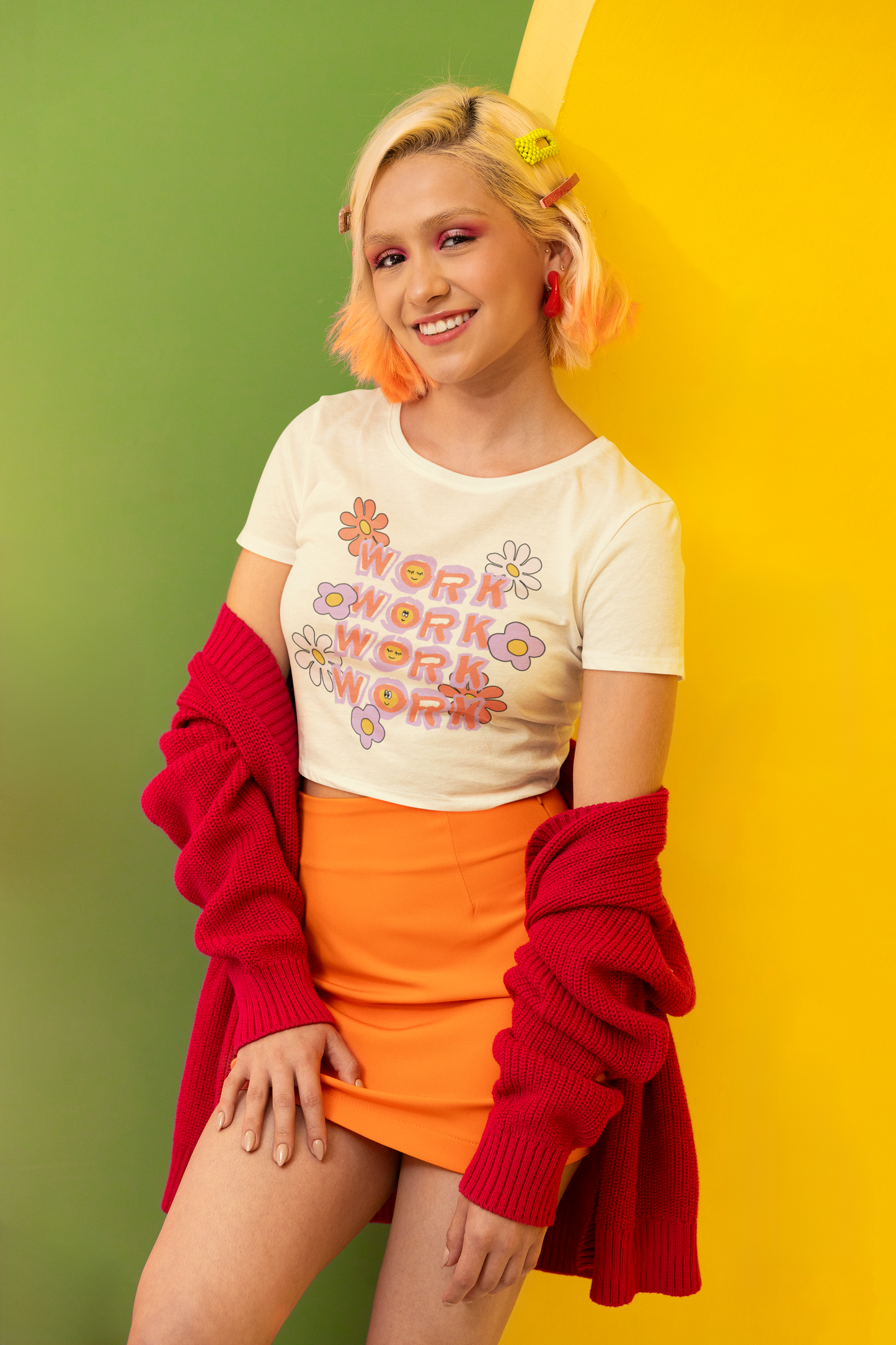 Flower Power “WORK” Crop Top – Multicolor Graphic
