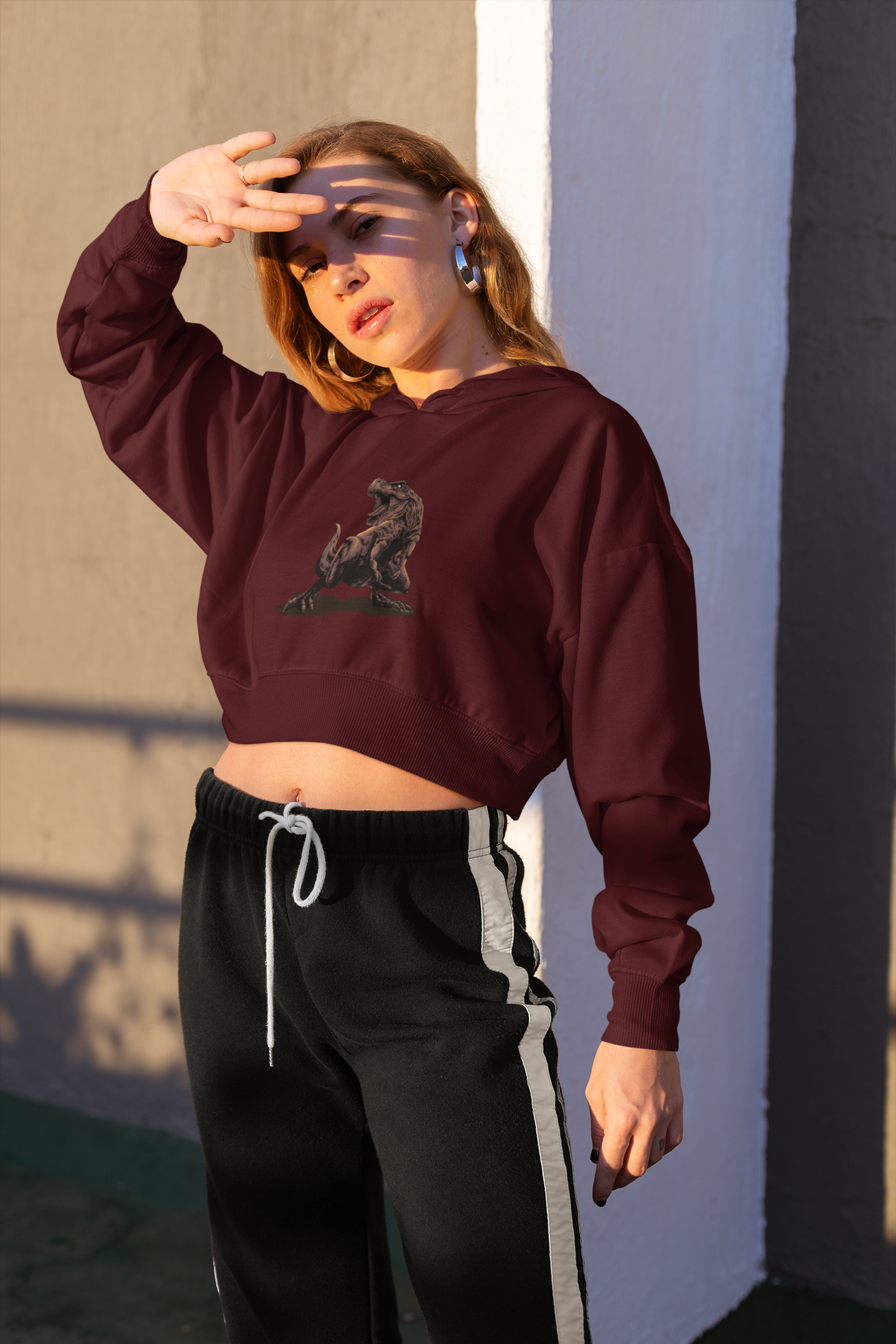 “Jurassic Pulse” Cropped Hoodie – Maroon Edition