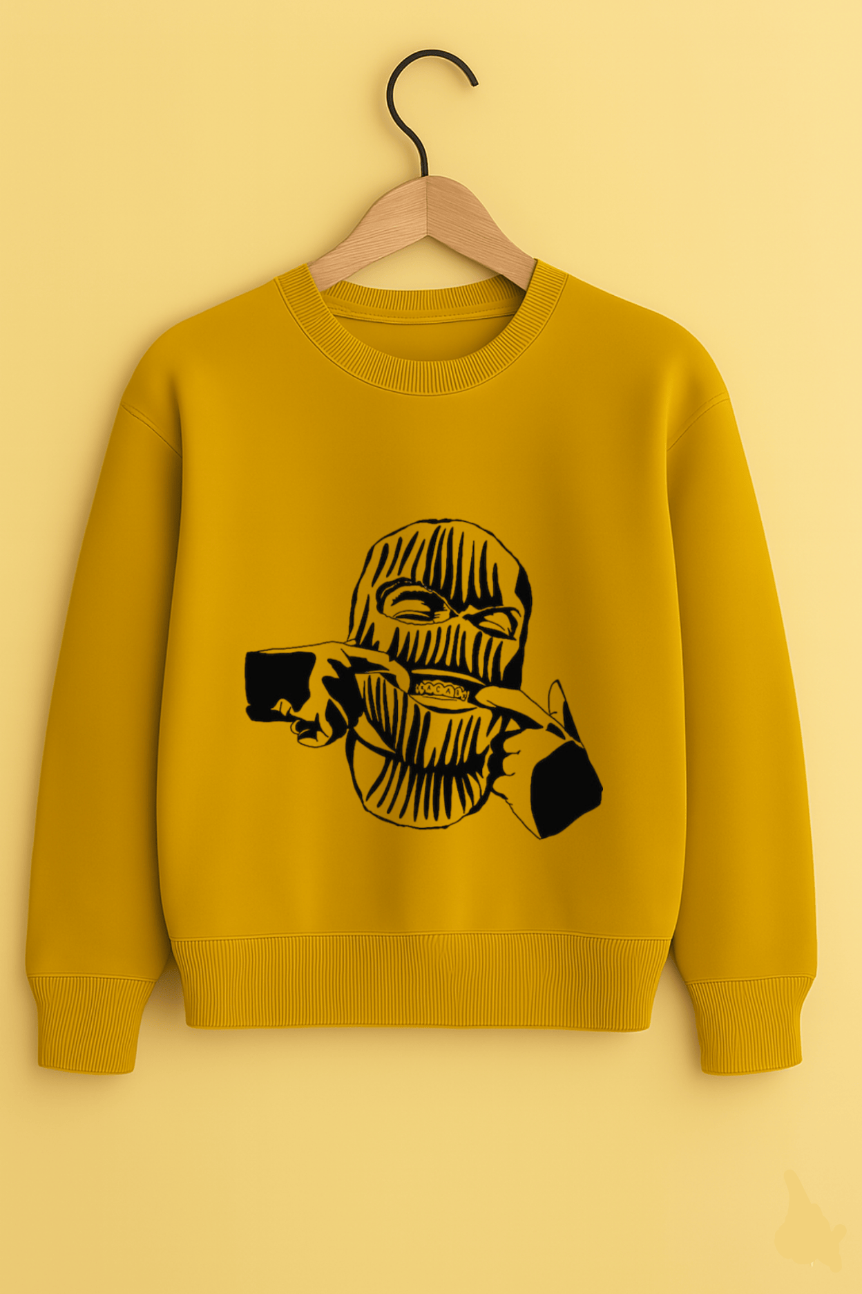 Mustard Yellow Oversized Ski Mask Graphic Sweatshirt – Unisex Streetwear by Vibed Vines