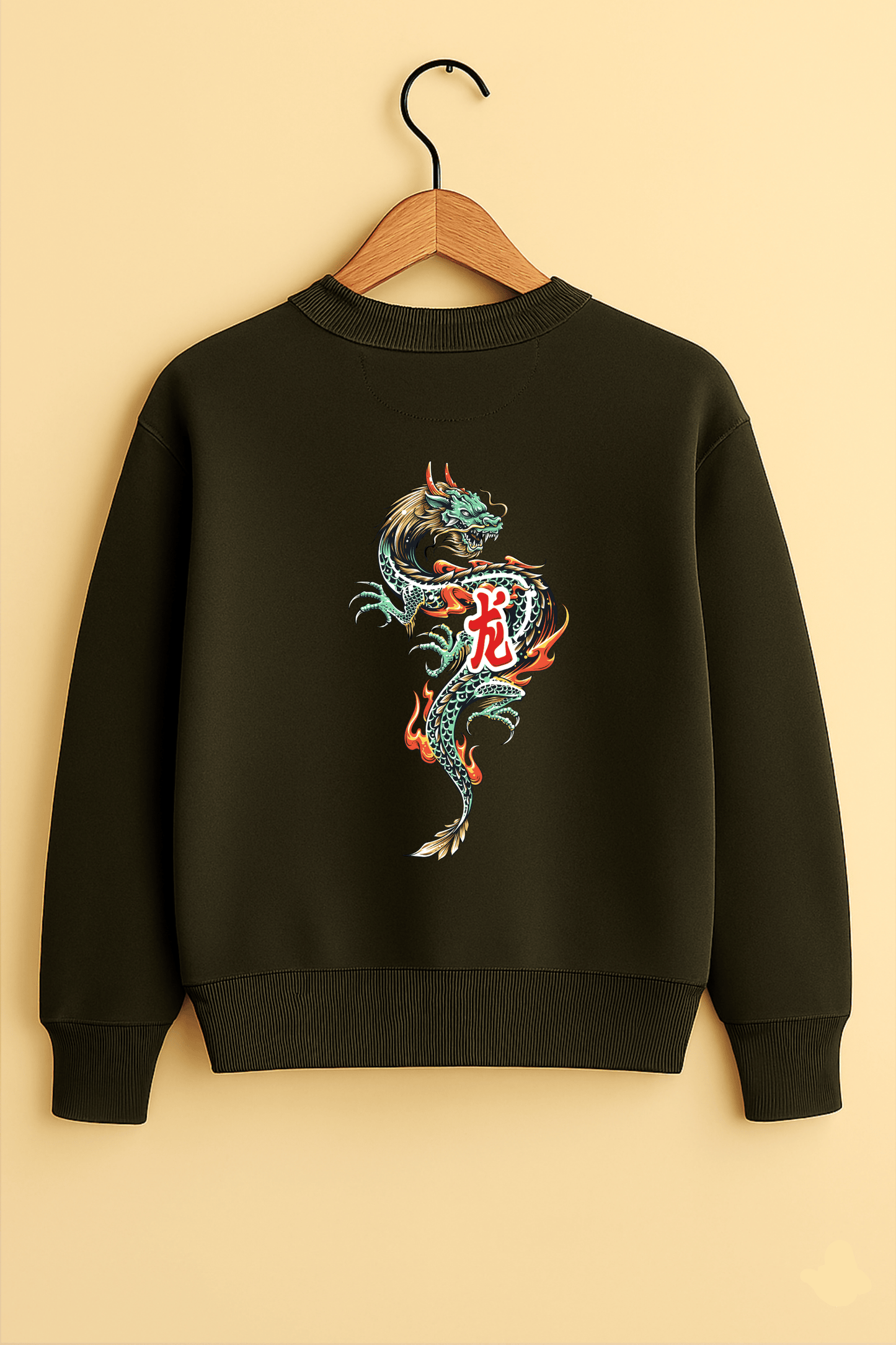 Olive Green Oversized Chinese Dragon Sweatshirt – Unisex Streetwear by Vibed Vines