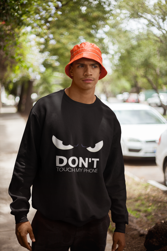 Black Oversized “DON’T TOUCH MY PHONE” Angry Eyes Sweatshirt – Unisex Streetwear by Vibed Vines