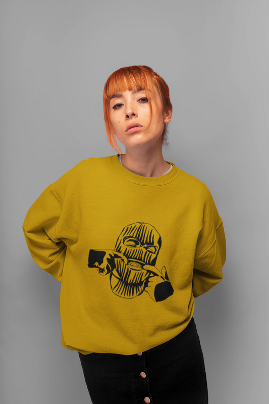 Mustard Yellow Oversized Ski Mask Graphic Sweatshirt – Unisex Streetwear by Vibed Vines