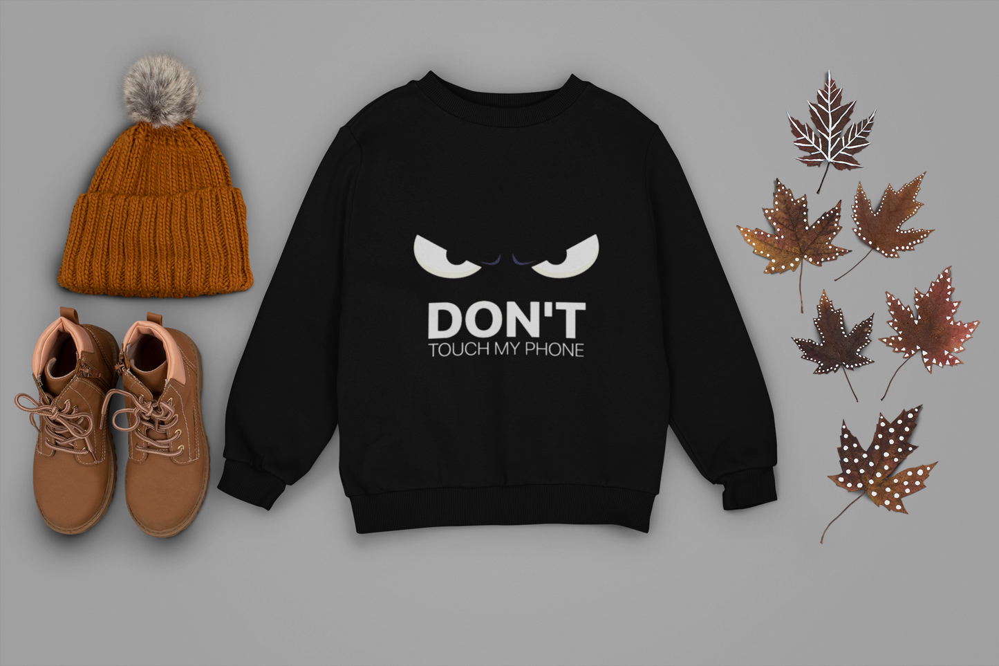 Black Oversized “DON’T TOUCH MY PHONE” Angry Eyes Sweatshirt – Unisex Streetwear by Vibed Vines