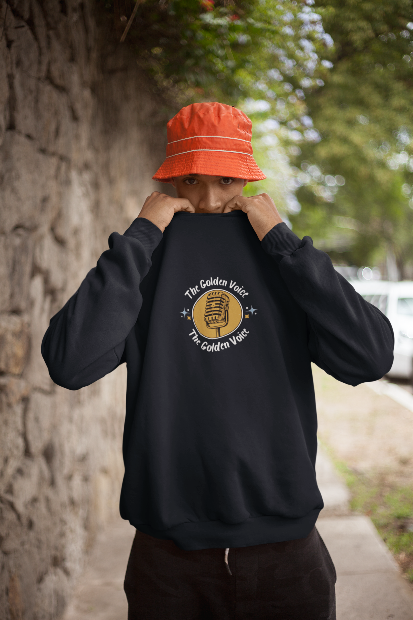 Navy Blue Oversized Sweatshirt – “The Golden Voice” Graphic Streetwear
