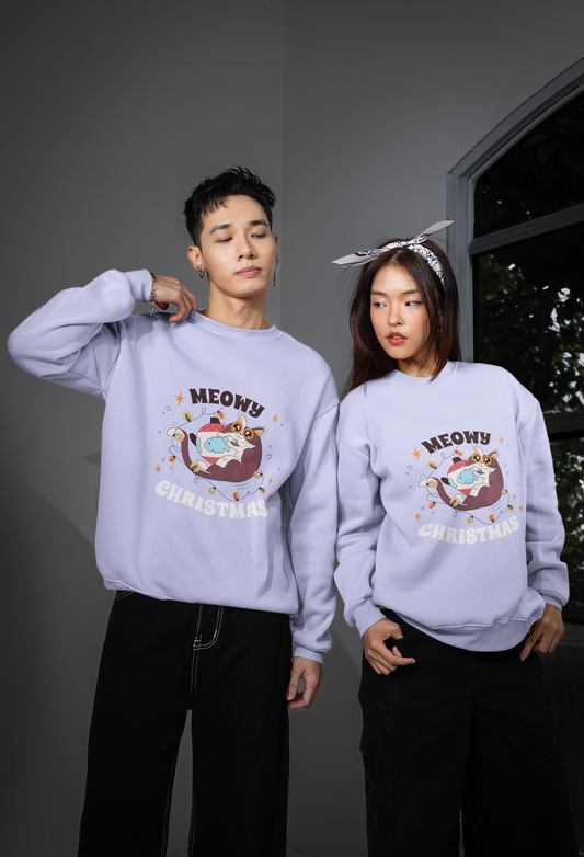 The Vibed Vines “Meowy Christmas” Holiday Sweatshirt – Lavender