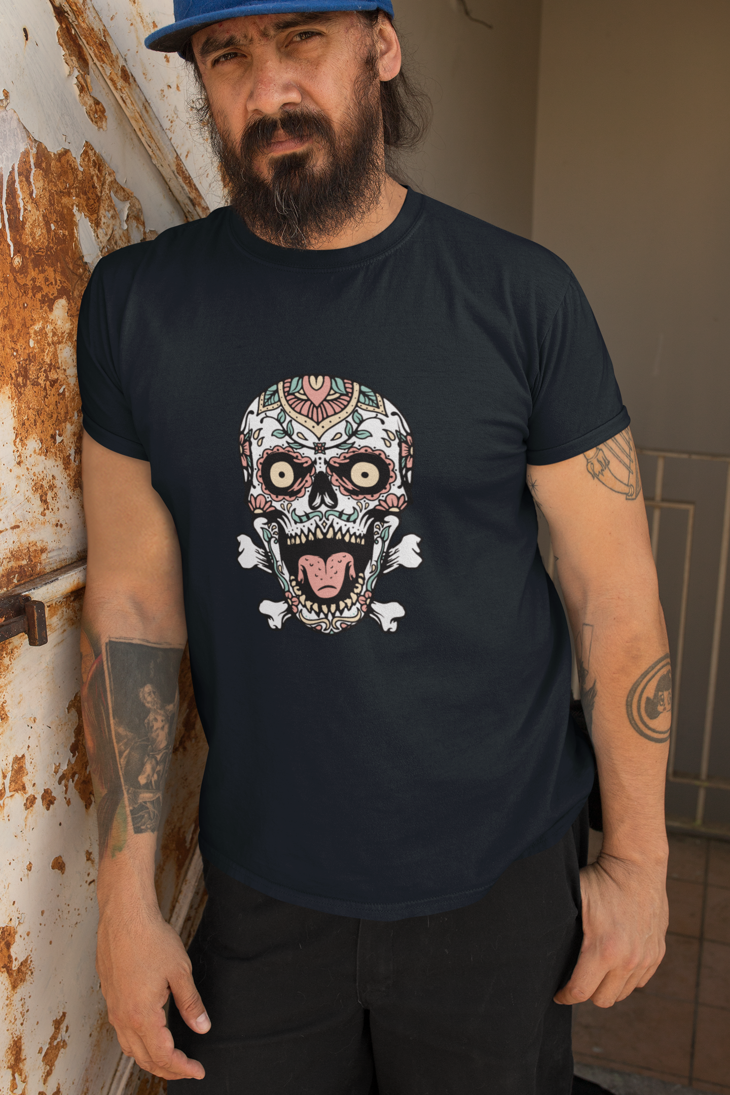 “Sugar Skull Scream” Navy Tee – Unisex Streetwear with Bite