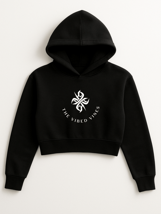 The Vibed Vines Tribal Logo Cropped Hoodie – Black