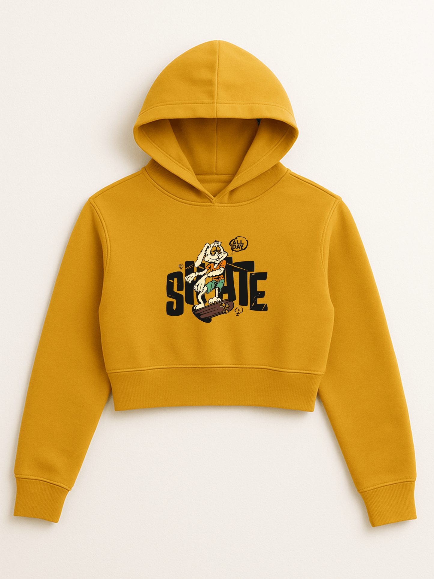 “Skate All Day” Cropped Hoodie – Mustard Yellow