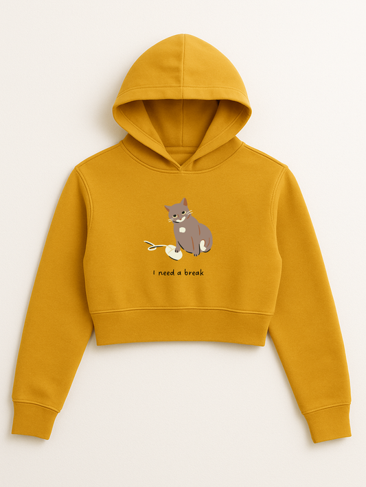 “I Need a Break” Cat Cropped Hoodie – Mustard Yellow