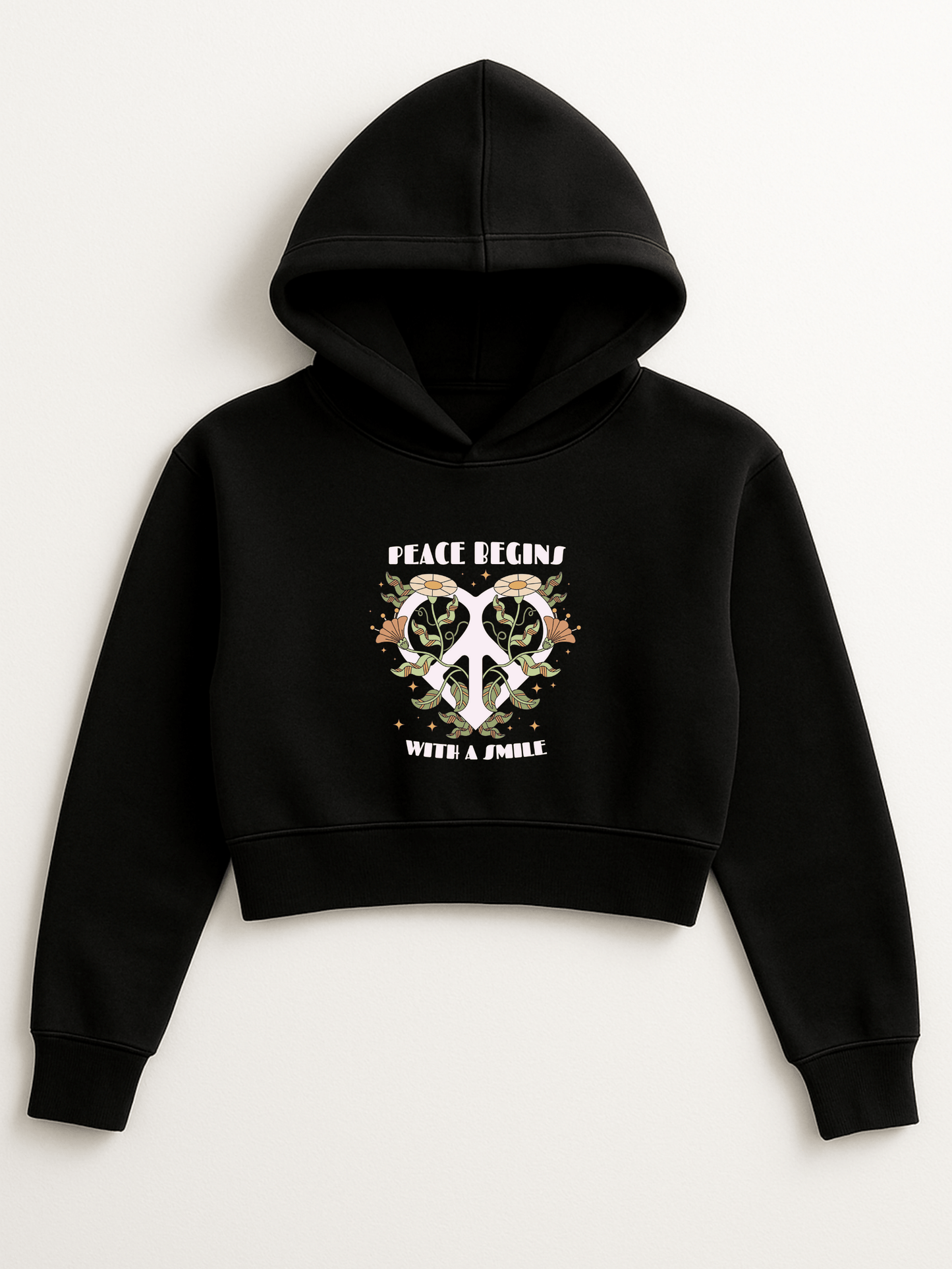 “Peace Begins With a Smile” Cropped Hoodie – Black