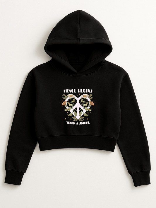 “Peace Begins With a Smile” Cropped Hoodie – Black