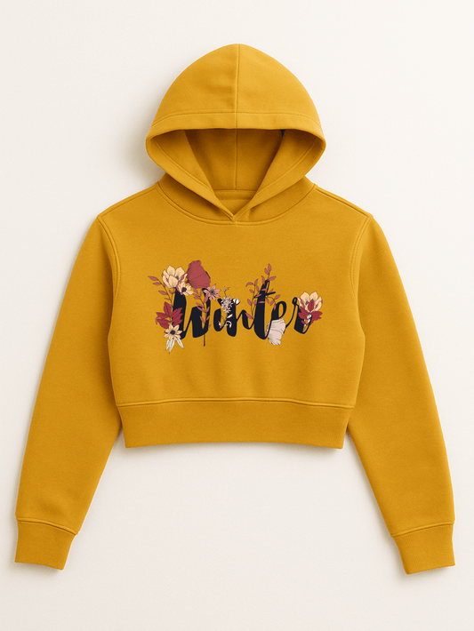 “Winter” Floral Cropped Hoodie – Mustard Yellow