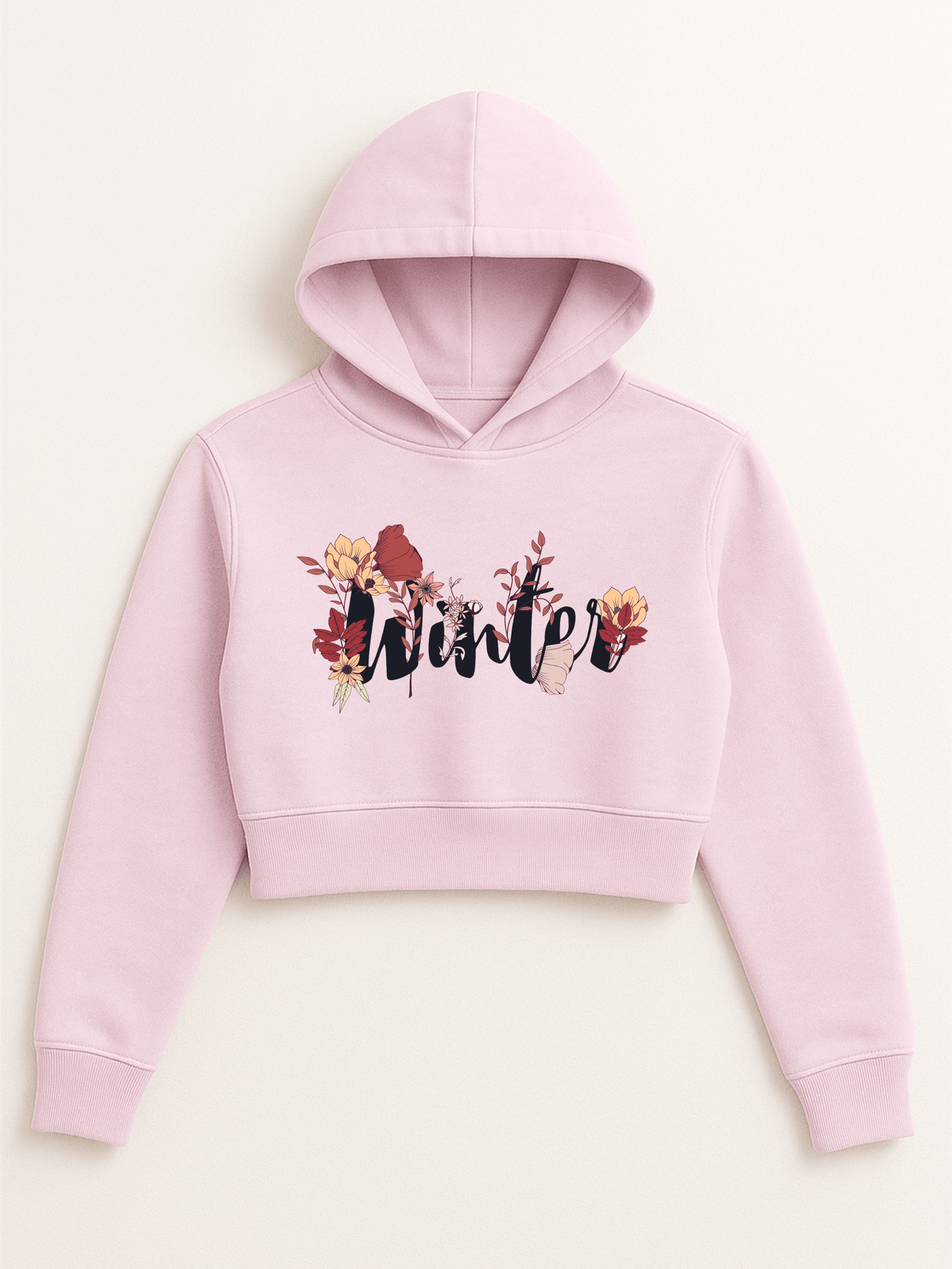 “Winter” Floral Cropped Hoodie – Light Pink