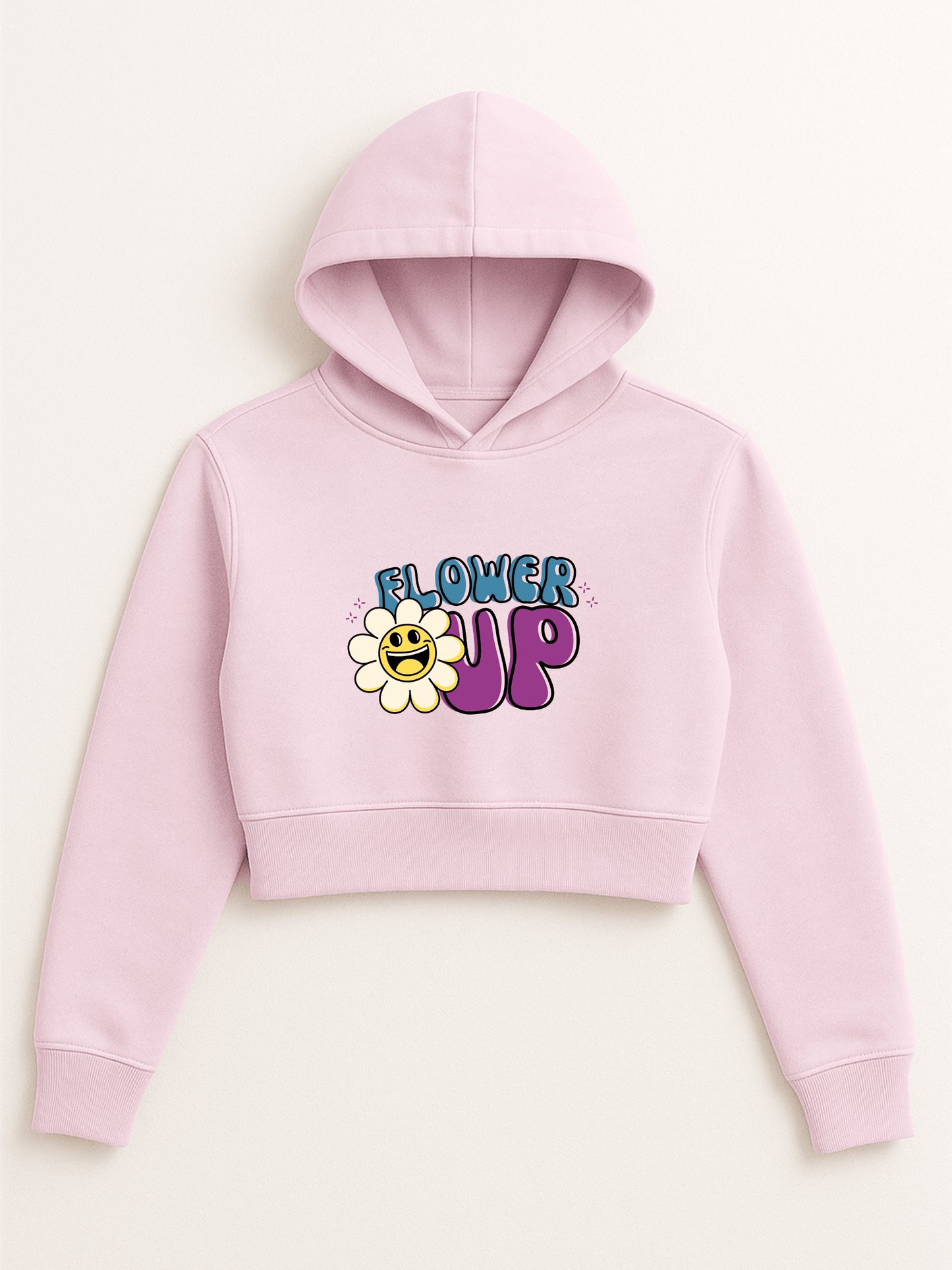 “Flower Up” Cropped Hoodie – Light Pink