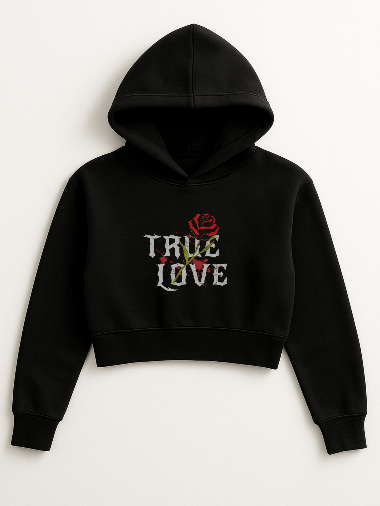 “True Love” Rose Cropped Hoodie – Black