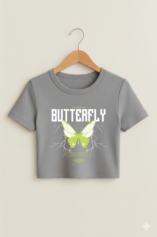 “Butterfly Drift” Crop Top – Grey Melange Edition