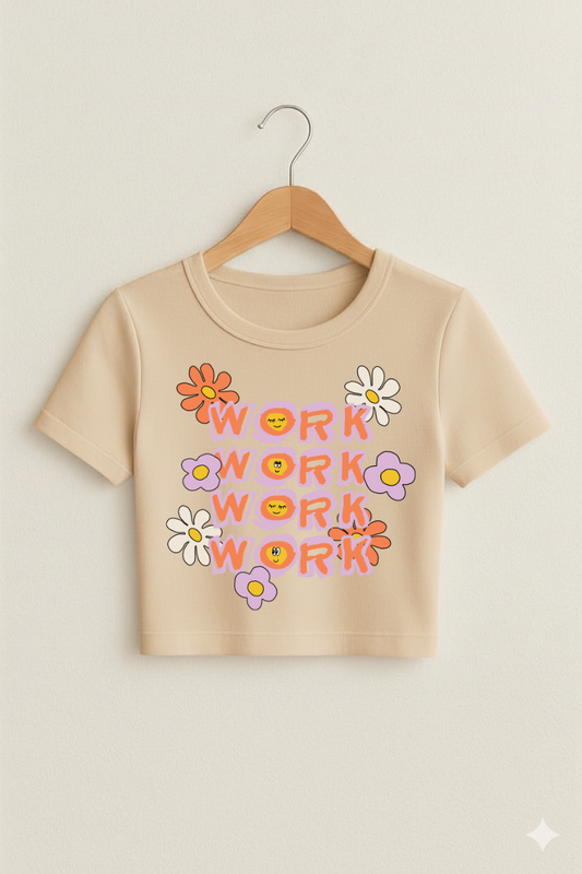 Flower Power “WORK” Crop Top – Multicolor Graphic
