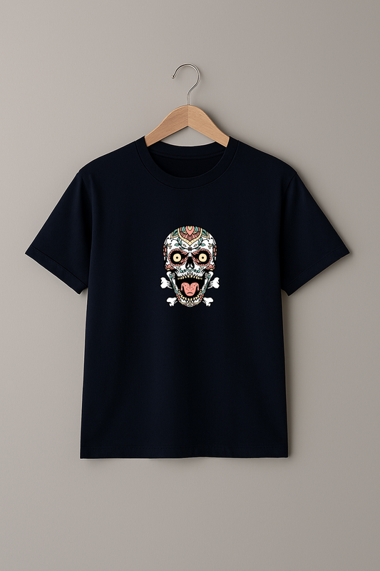 “Sugar Skull Scream” Navy Tee – Unisex Streetwear with Bite