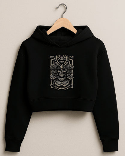 “Tribal Skull” Cropped Hoodie – Black Edition