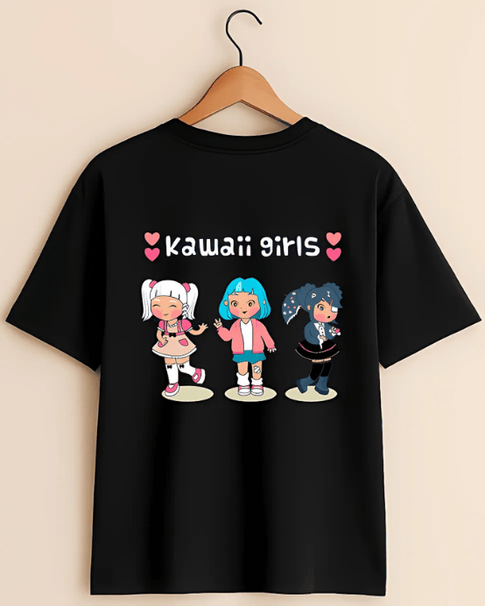 Kawaii Girls Graphic T-Shirt - Black