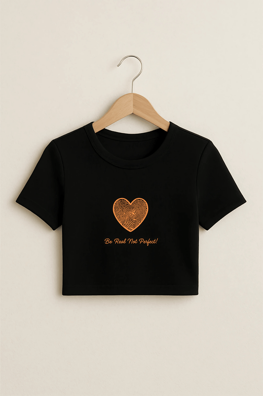 Authentic Vibe "Be Real Not Perfect" Fingerprint Heart Crop Top
