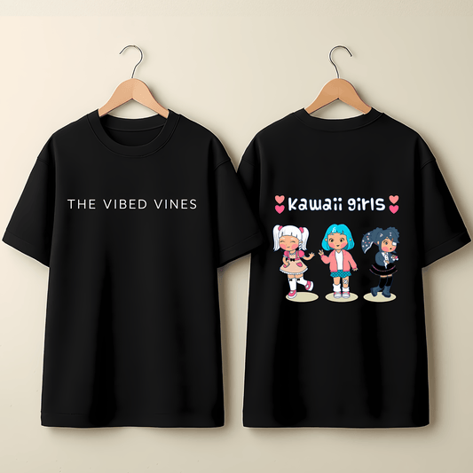 Kawaii Girls Graphic T-Shirt - Black