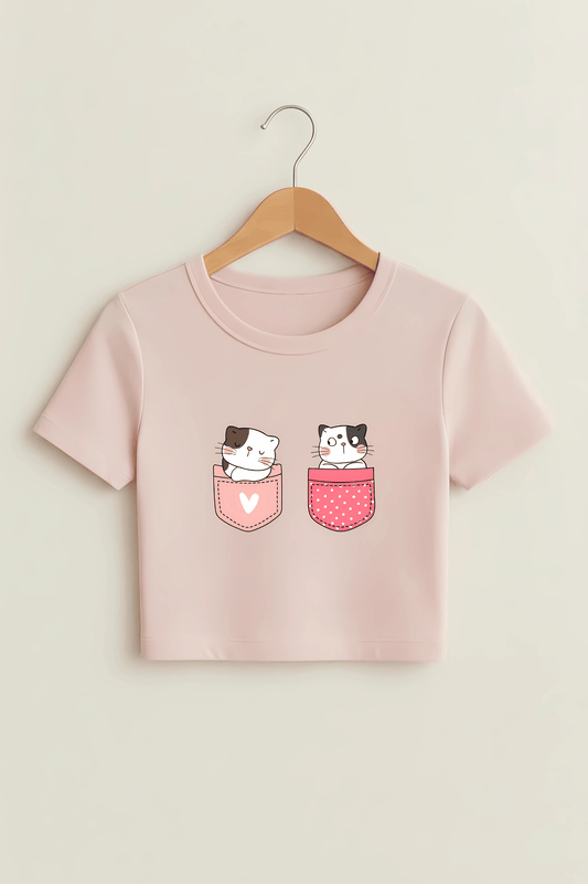 "Pocket Kittens" Crop Top in Light Pink - The Vibed Vines