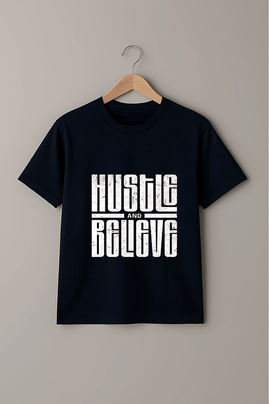 "Hustle and Believe" Graphic T-Shirt in Navy Blue