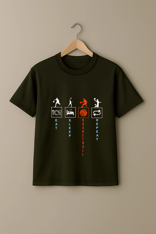 "Eat Sleep Basketball Repeat" Graphic T-Shirt in Olive Green