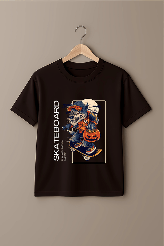 "Skateboard Wolf" Graphic T-Shirt in Black - The Vibed Vines