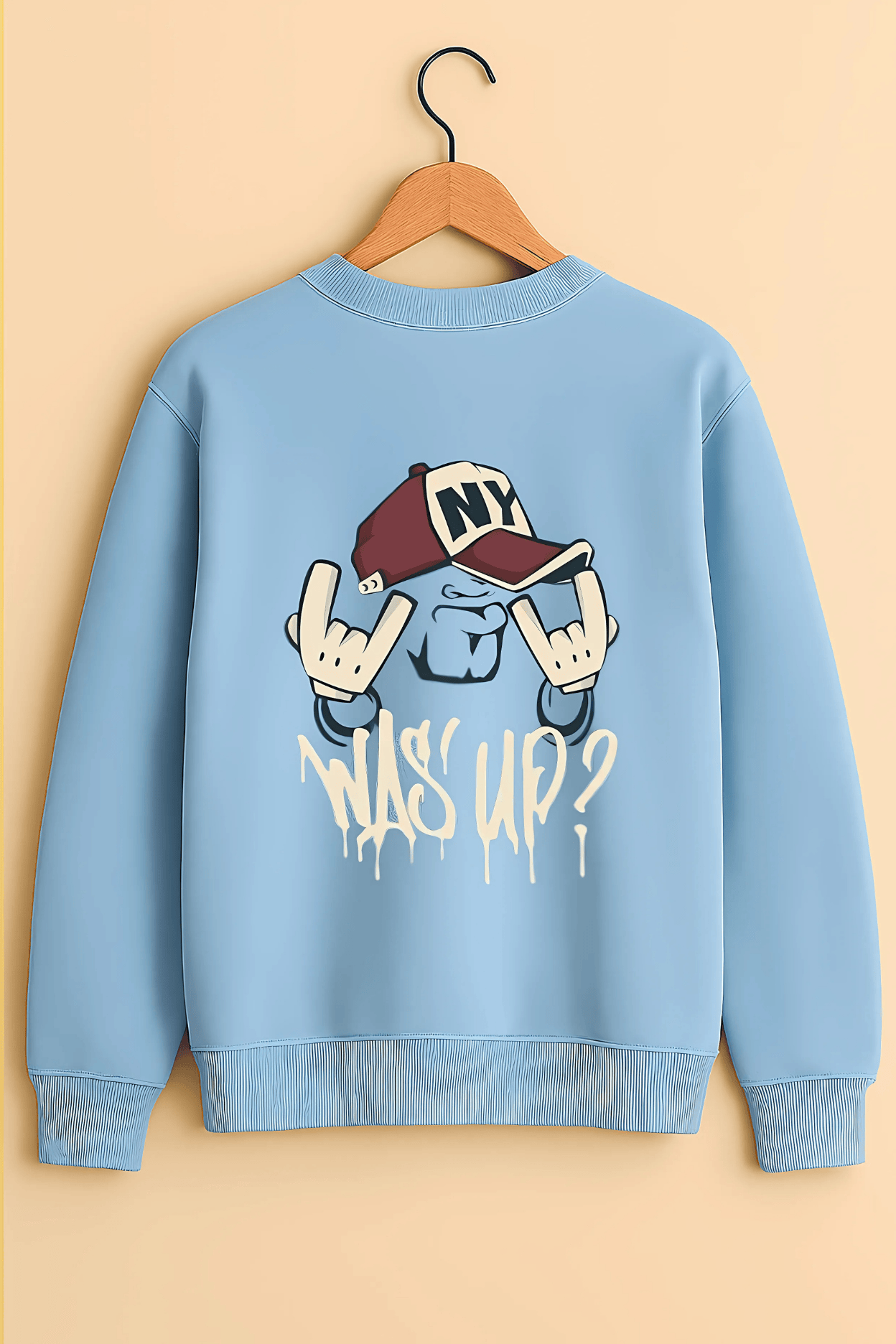 Baby Blue Oversized “WAS’ UP?” Hand Character Sweatshirt – Unisex Streetwear by Vibed Vines