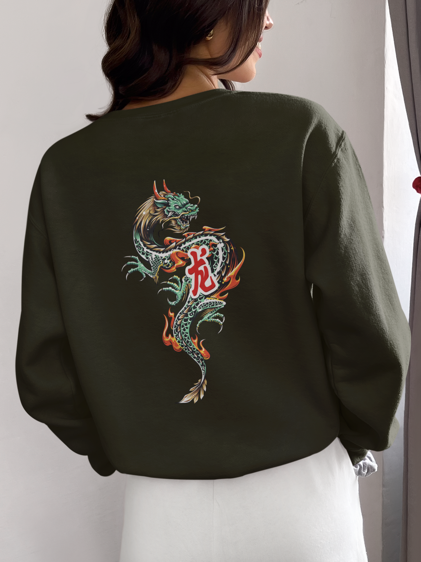 Olive Green Oversized Chinese Dragon Sweatshirt – Unisex Streetwear by Vibed Vines