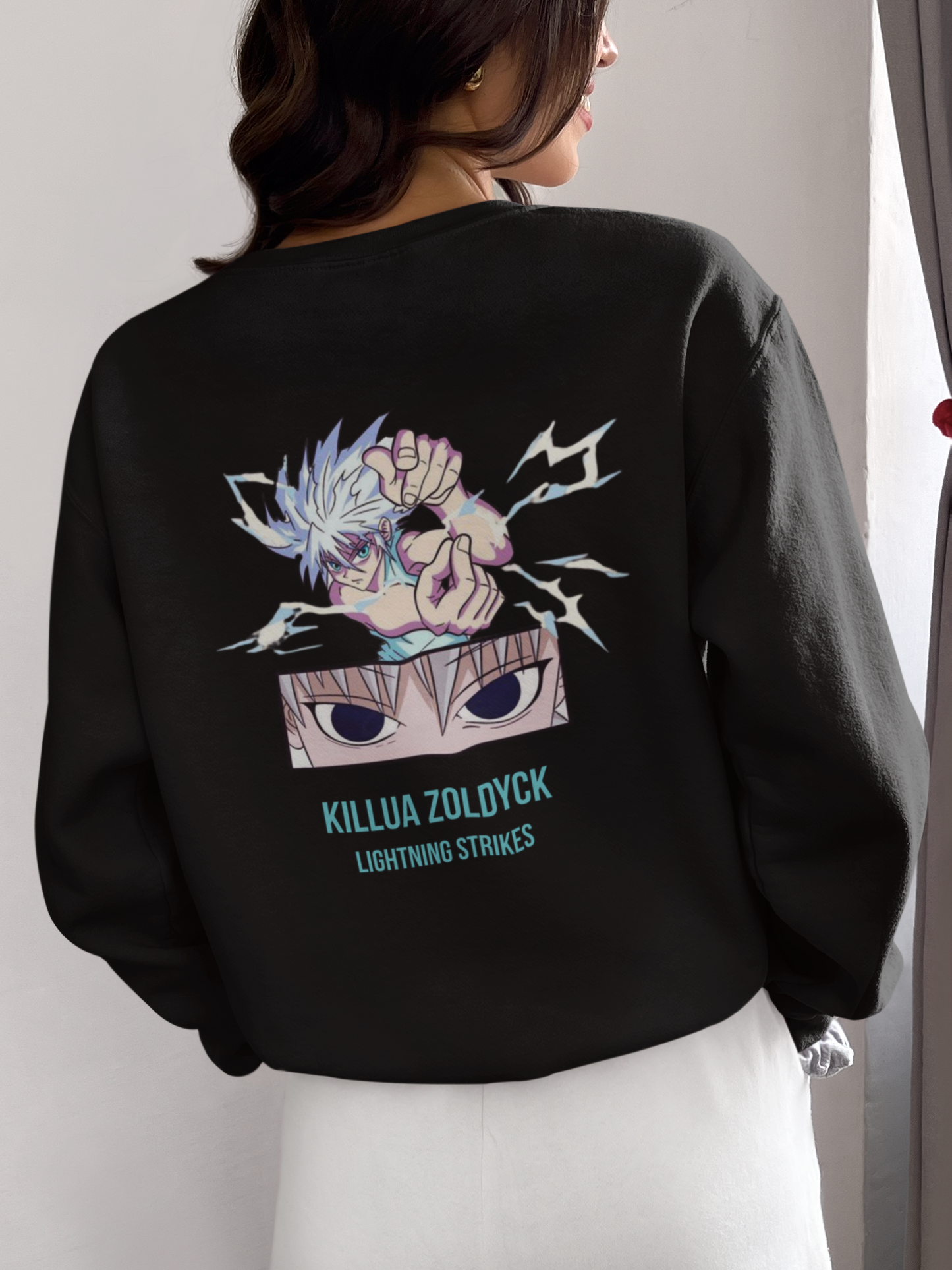 Black Oversized Killua Zoldyck “Lightning Strikes” Sweatshirt – Unisex Hunter x Hunter Streetwear