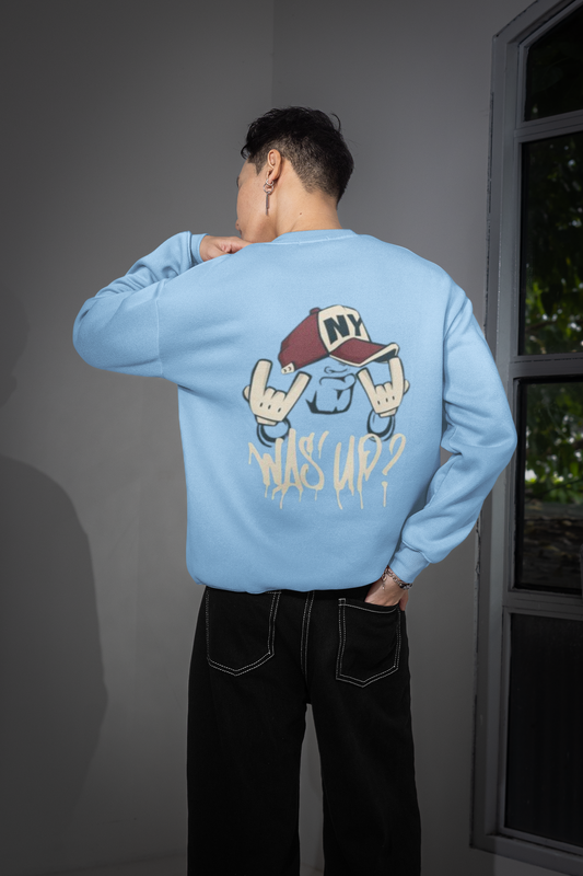 Baby Blue Oversized “WAS’ UP?” Hand Character Sweatshirt – Unisex Streetwear by Vibed Vines