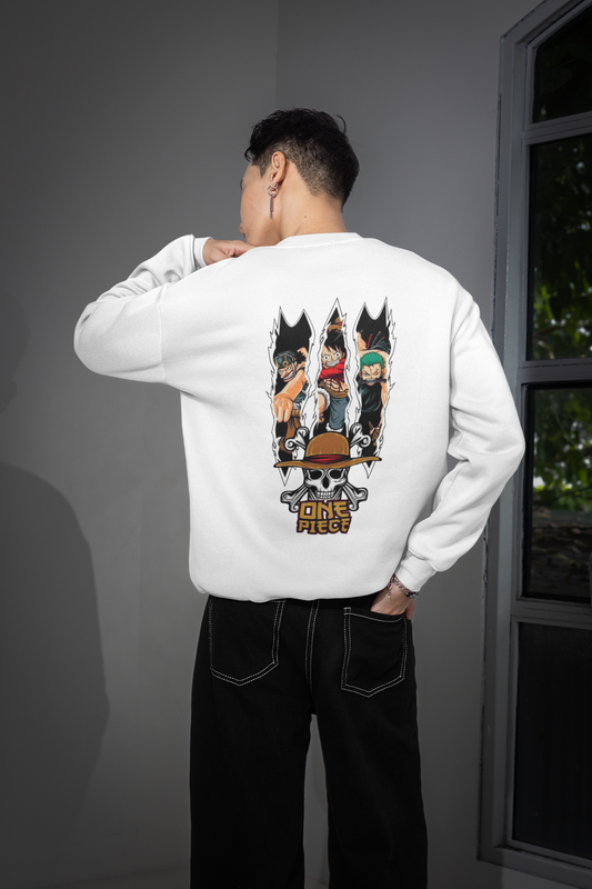 White Oversized One Piece Usopp, Luffy & Zoro Sweatshirt – Unisex Streetwear by Vibed Vines