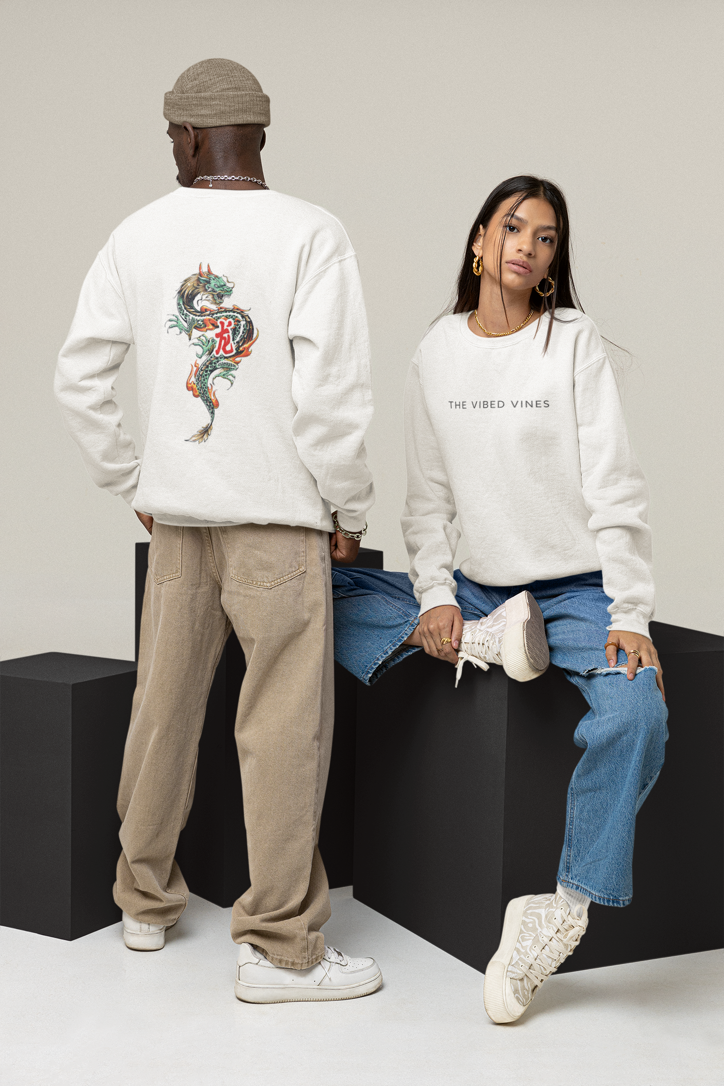 White Oversized Chinese Dragon Sweatshirt – Unisex Streetwear by Vibed Vines