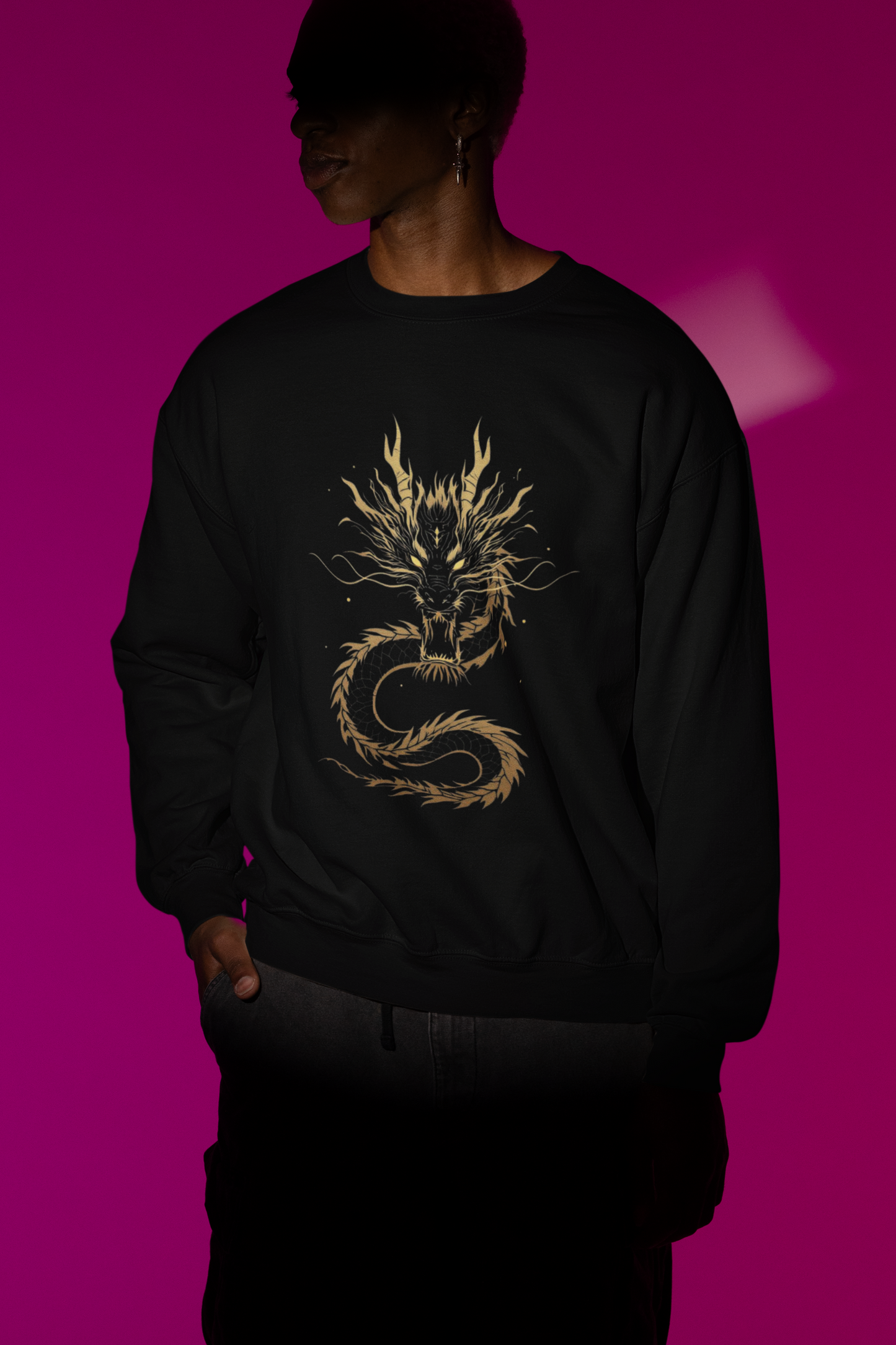 Black Oversized Gold Dragon Sweatshirt – Unisex Streetwear by The Vibed Vines
