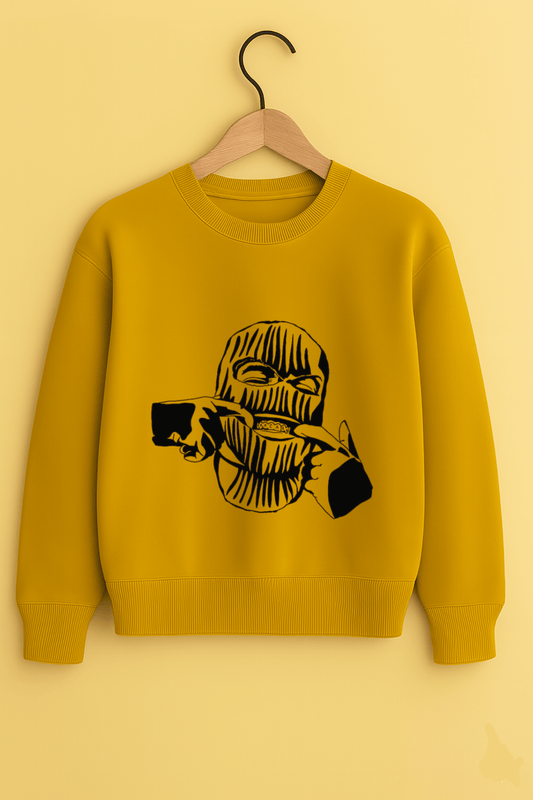 Mustard Yellow Oversized Ski Mask Graphic Sweatshirt – Unisex Streetwear by Vibed Vines