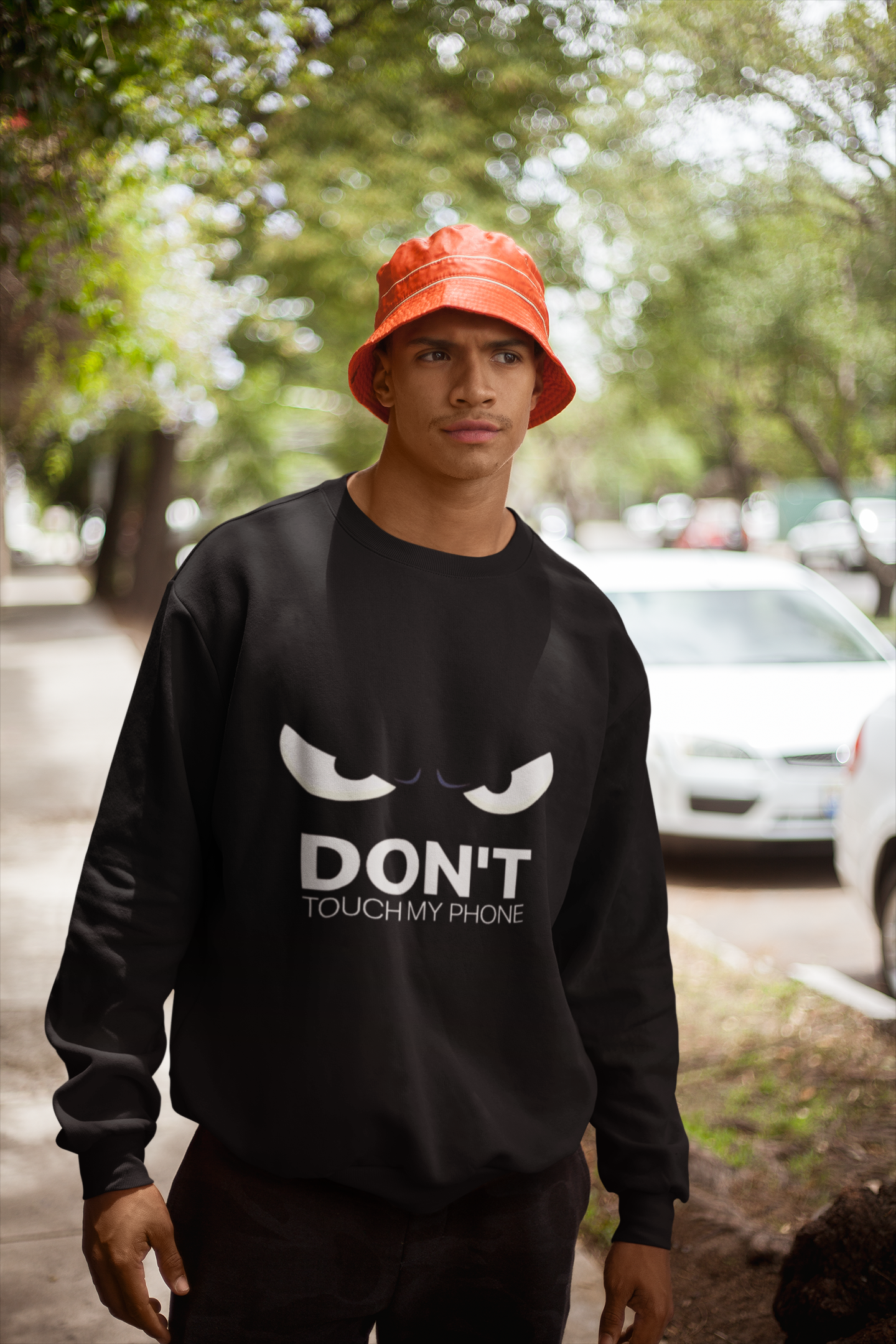 Black Oversized “DON’T TOUCH MY PHONE” Angry Eyes Sweatshirt – Unisex Streetwear by Vibed Vines