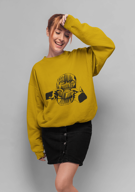 Mustard Yellow Oversized Ski Mask Graphic Sweatshirt – Unisex Streetwear by Vibed Vines