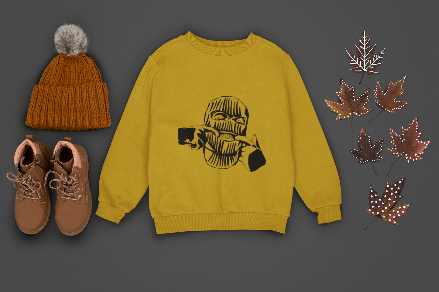 Mustard Yellow Oversized Ski Mask Graphic Sweatshirt – Unisex Streetwear by Vibed Vines