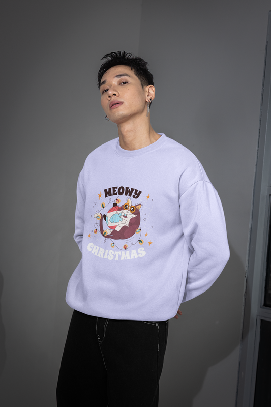 The Vibed Vines “Meowy Christmas” Holiday Sweatshirt – Lavender